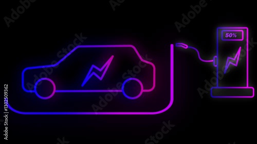 Electric vhicle charging battery  in station with glowing animation
