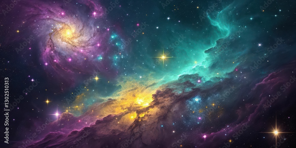 Fototapeta premium Vibrant interstellar nebula and spiral galaxy with bright stars in deep space