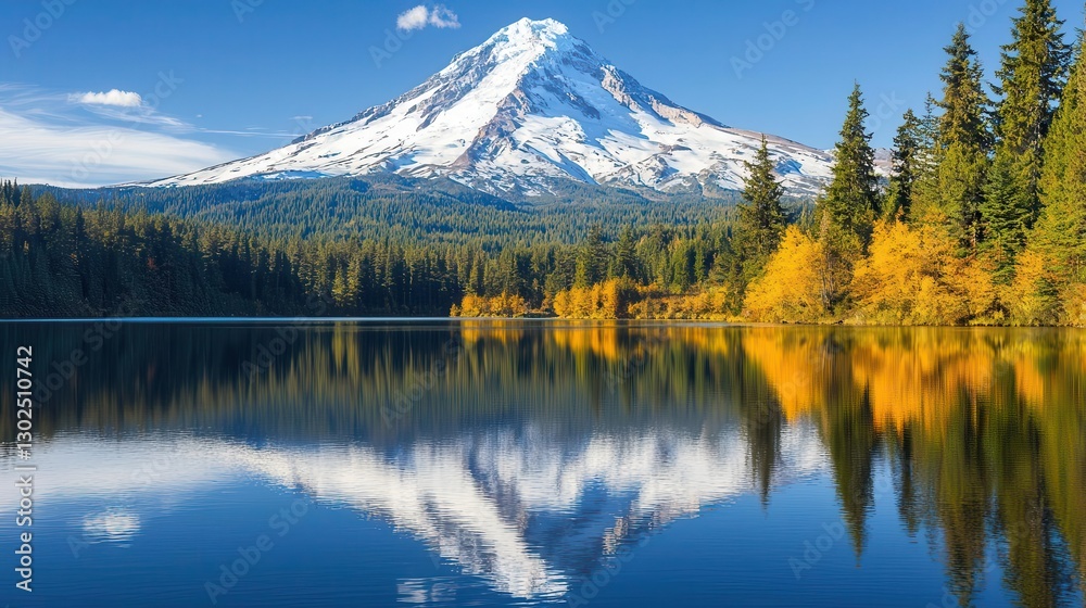 Majestic Mountain Reflected in a Serene Lake with Autumnal Colors Majestic Mountain Reflected in a Serene Lake with Autumnal Colors