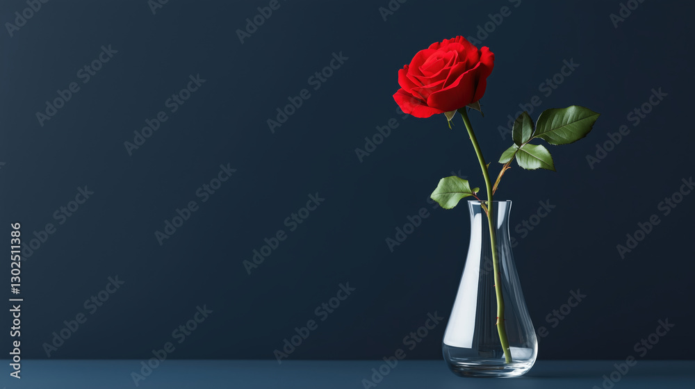 Fototapeta premium Single blooming red rose in glass vase on dark background