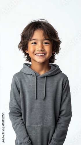 An Asian Boy wearing Casual and Standing on the White Backdrop