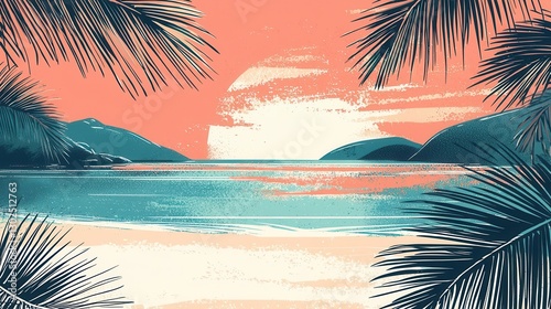 Serene Sunset Beachscape Palm Trees Frame Tranquil Ocean View