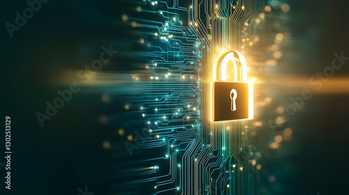 A digital lock symbolizing cybersecurity and data protection with glowing circuits, representing secure information transfer.