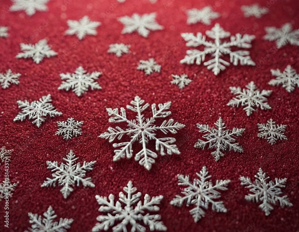 Delicate snowflakes scattered on a vibrant red background, creating a festive winter scene. Delicate snowflakes scattered on a vibrant red background, creating a festive winter scene.
