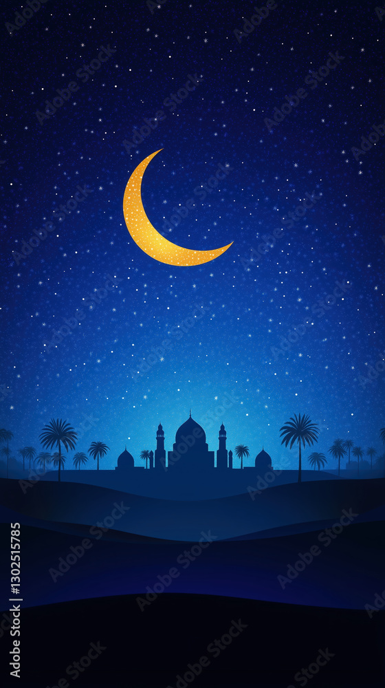 Fototapeta premium serene desert silhouette with crescent moon and mosque