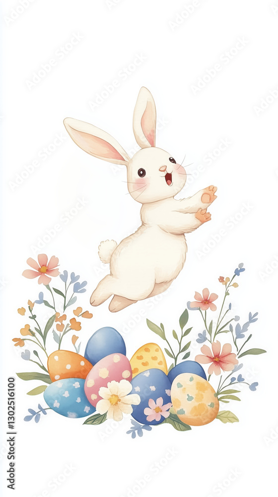 Silly bunny leaping with joy among colorful Easter eggs Silly bunny leaping with joy among colorful Easter eggs