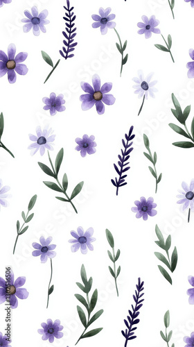 Watercolor floral pattern featuring purple and white flowers and green leaves