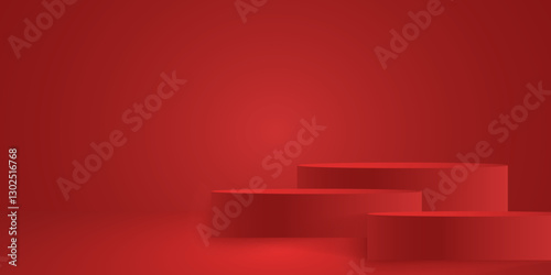 Realistic 3d red product podium on red background. Red product stage for product demonstration. Background for presentation, advertising, banner, poster. Vector illustration