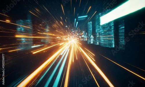Dynamic motion blur of light streaks in a futuristic cityscape