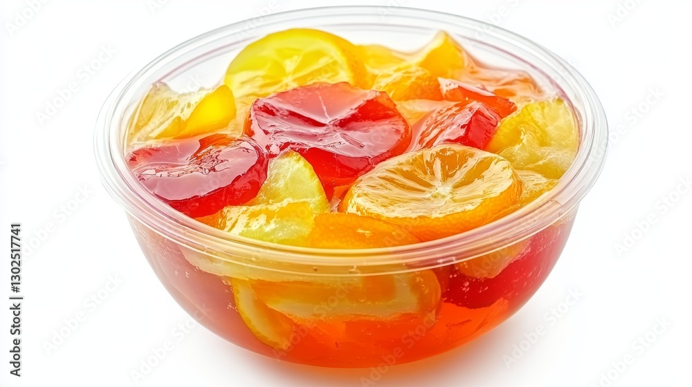 Closeup of vibrant citrus fruit jelly in a clear container on a white background Closeup of vibrant citrus fruit jelly in a clear container on a white background