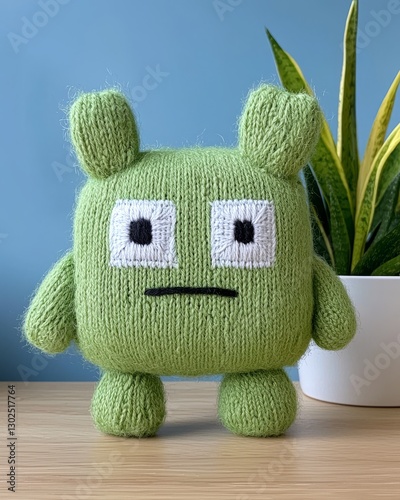 Cute Green Knitted Monster Toy with Plant Background on Wood Surface