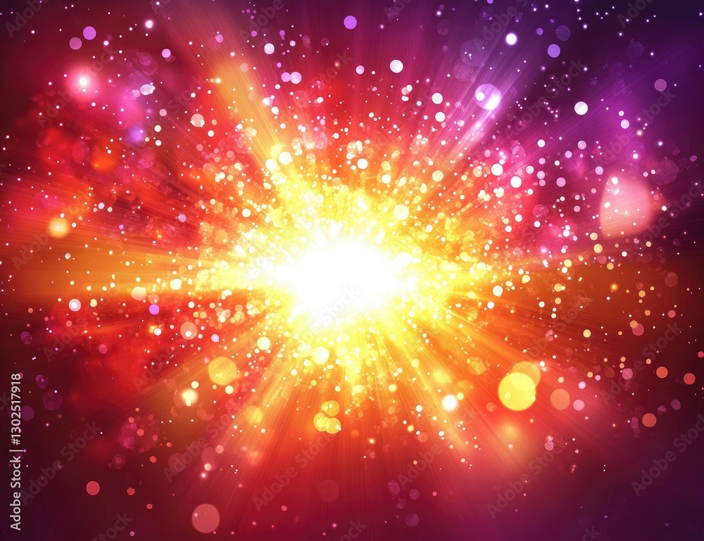 Vibrant explosion of light, radiating outwards from a central white point against a backdrop of colorful, sparkling particles and streaks, showcasing a dynamic and energetic atmosphere Vibrant explosion of light, radiating outwards from a central white point against a backdrop of colorful, sparkling particles and streaks, showcasing a dynamic and energetic atmosphere
