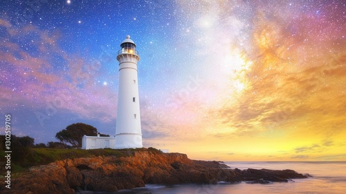 Serene Coastal Lighthouse Under a Starry Night Sky