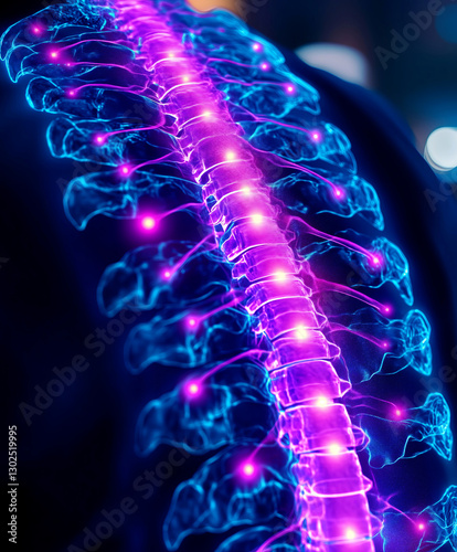 3D medical glowing spine and nerve pain. Spinal cord with energy nodes. Neon cybernetic anatomy art with neural pain points