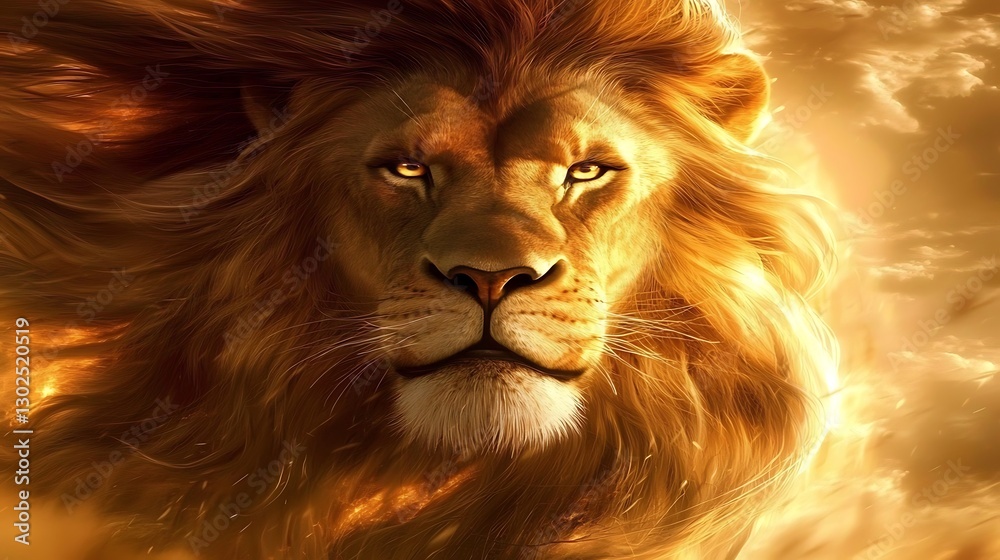 Naklejka premium Majestic Lion Portrait, A Golden Depiction of Strength and Wild Beauty