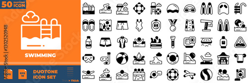 Swimming Duotone Editable Icons set. Vector illustration in modern thin duotone style of swimming icons: swimming pool. Swim, dive, champion, etc