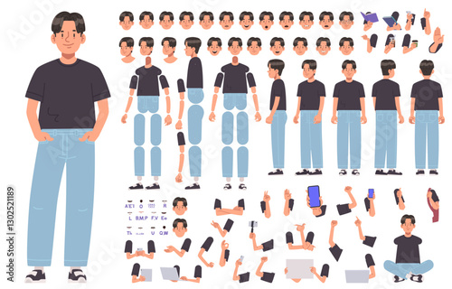 Young asian man character constructor. Happy guy in casual clothes. Set of hands legs body and head positions for creating animation