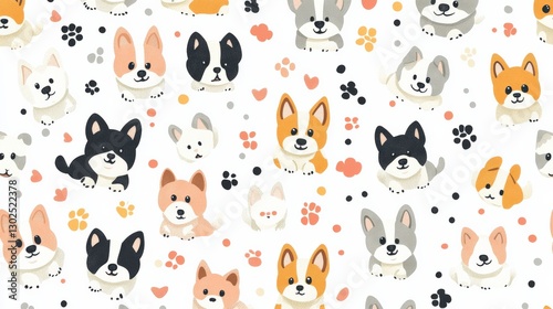 Cute and Colorful Dog Pattern with Playful Puppies on a White Background