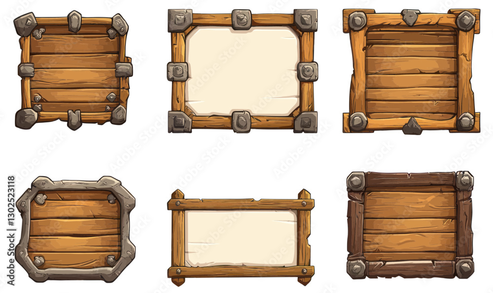 Medieval Wooden Frame Set Vector - Ancient Game GUI Panels and Message Banners Medieval Wooden Frame Set Vector - Ancient Game GUI Panels and Message Banners
