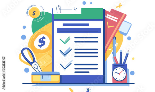 Colorful Credit Report Checklist and Financial Tools in Flat Minimalist Vector Style