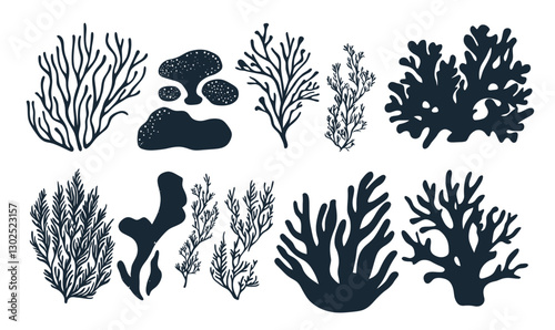 Vector Illustration of Corals and Seaweed Silhouettes for Ocean Graphics and Marine Design Projects