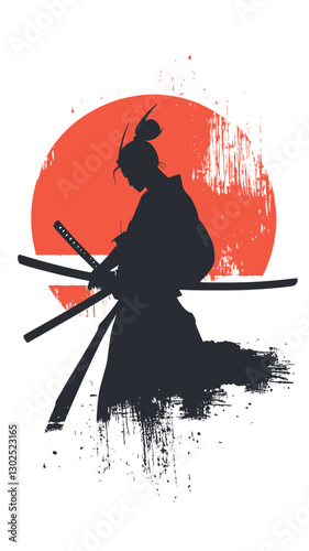 Ink Samurai Silhouette with Red Sun in Minimalist Style Vector Art