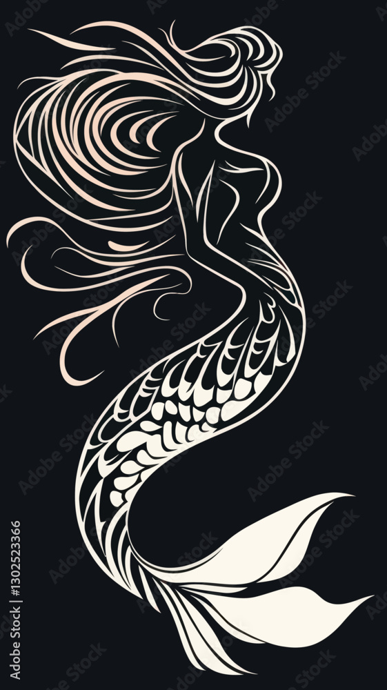 Obraz premium Abstract Tribal Tattoo Mermaid Vector Art with Mythological Fantasy Theme