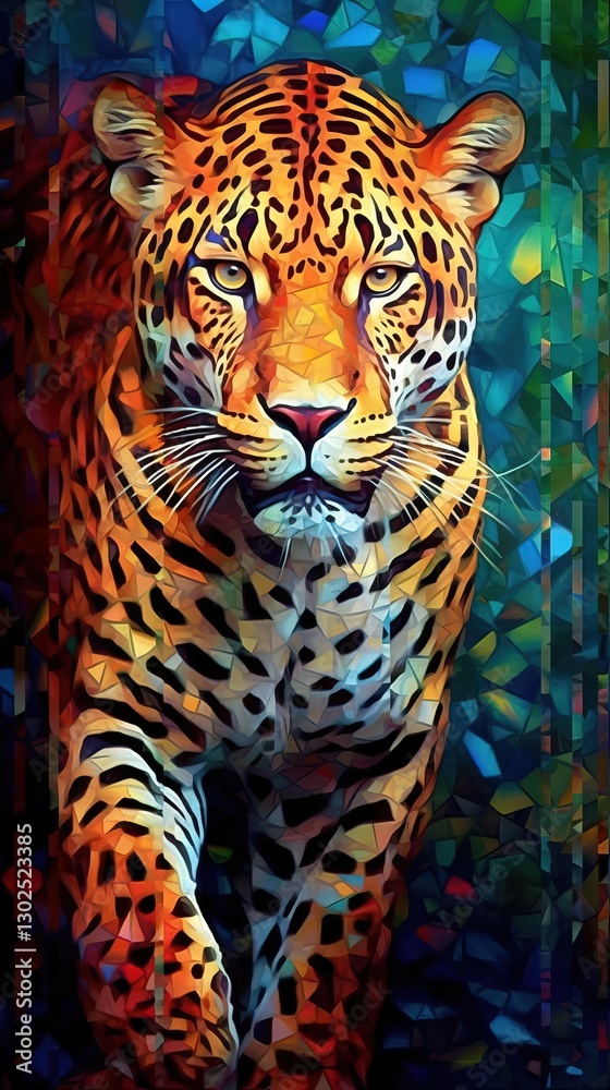 Obraz premium Colorful Leopard on Dark Background with Stained Glass Effect in Full Focus