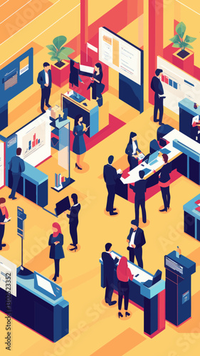 Flat Minimalist Vector of Business Conference with Booths and Exhibitors Interaction