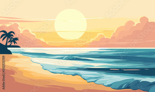 Serene Beach Sunrise: Minimalist Vector Art of Sunlit Shoreline with Gentle Waves photo