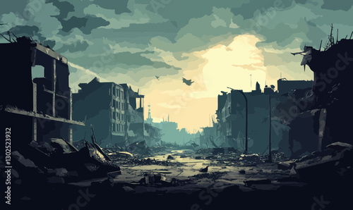 War-Torn Cityscape: Abandoned Ruins and Desolation After Conflict