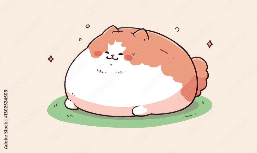 Cute Cartoon Cat Relaxing on Green Grass with Cheerful Expression Cute Cartoon Cat Relaxing on Green Grass with Cheerful Expression