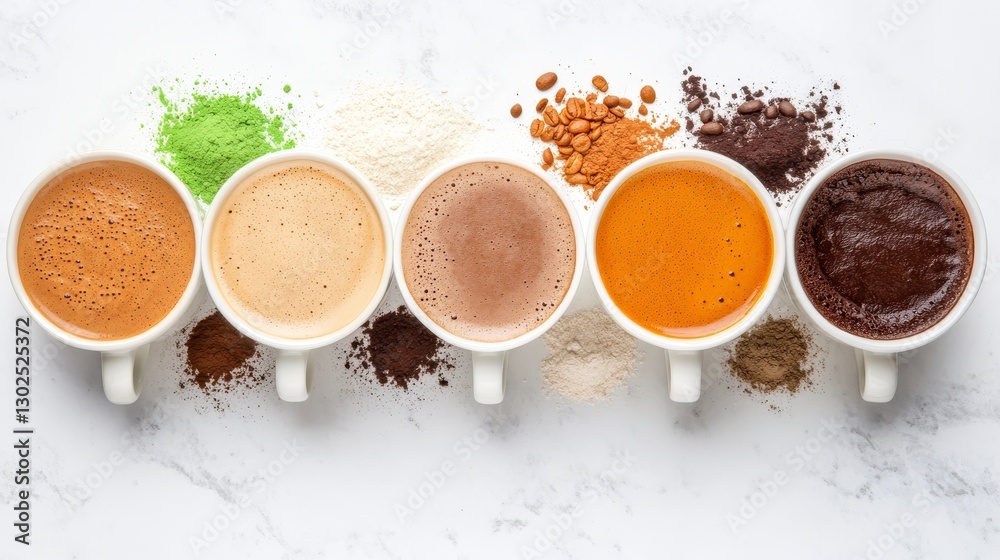 Six Coffee Cups with Various Powders on White Marble Six Coffee Cups with Various Powders on White Marble