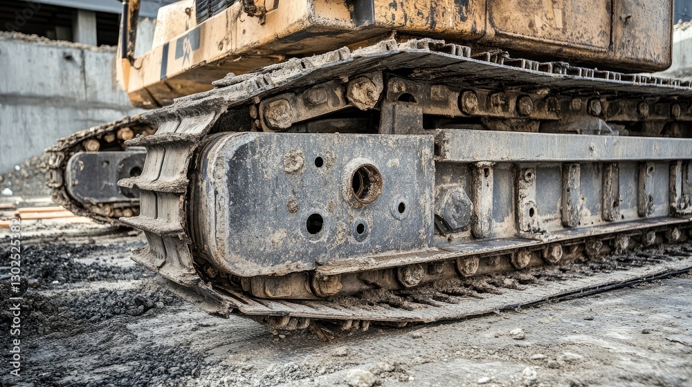 A close-up of the base and tracks of a mobile construction crane parked on-site. A close-up of the base and tracks of a mobile construction crane parked on-site.