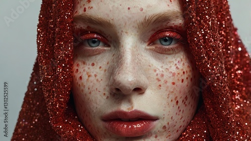 Beautiful Woman with Striking Red Cosmetics, Vibrant Red Attire, and Glossy Red Lips






 photo