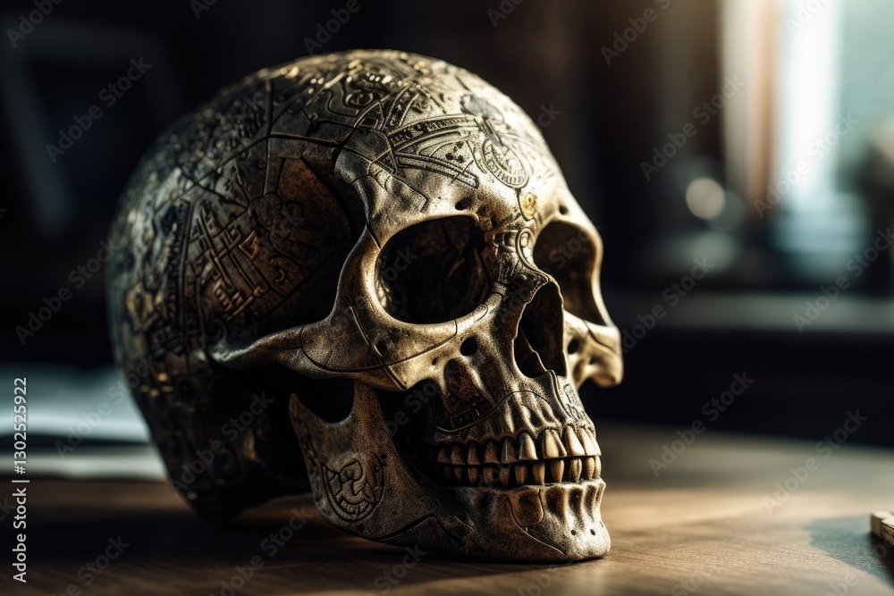 Intricately Engraved Skull Art with Elegant Details, Highly Detailed Cinematic Shot Intricately Engraved Skull Art with Elegant Details, Highly Detailed Cinematic Shot