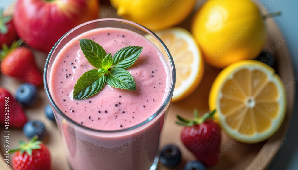 Strawberry smoothie with mint leaves and citrus fruits Strawberry smoothie with mint leaves and citrus fruits