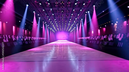 Vibrant fashion runway illuminated by colorful lights, showcasing a modern design event atmosphere