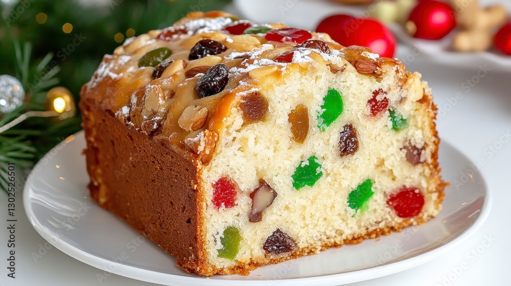 Sliced Fruitcake with Candied Fruits and Nuts on White Plate Sliced Fruitcake with Candied Fruits and Nuts on White Plate