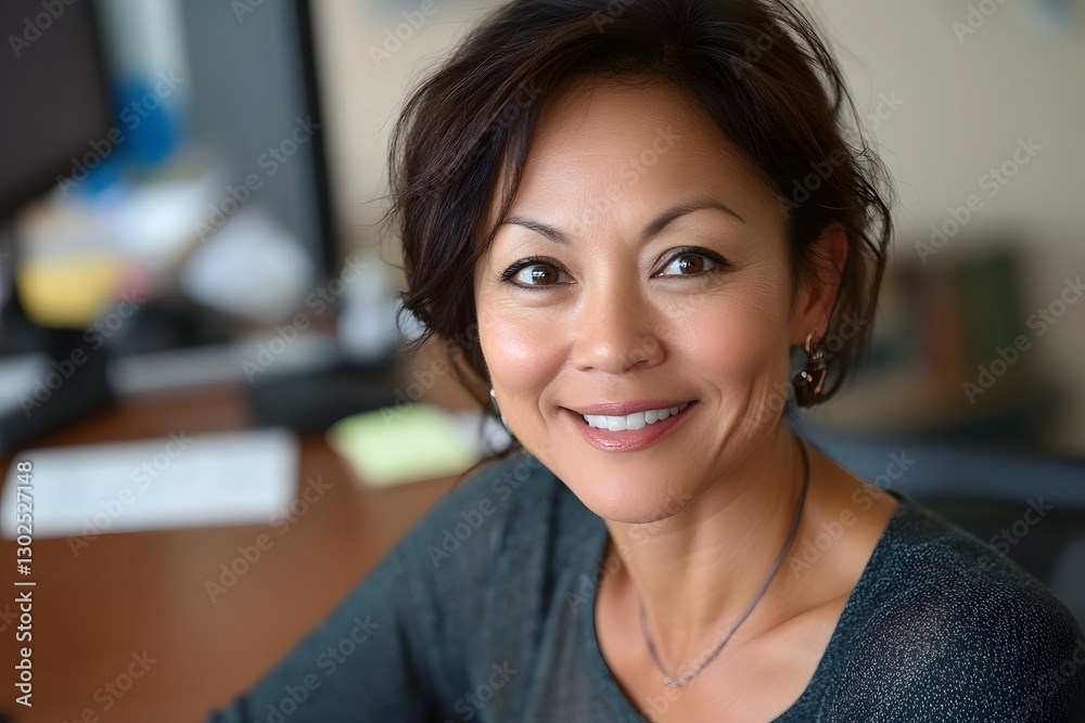 © milkyway - Confident Asian Businesswoman Smiling at in Professional Office Setting © milkyway - Confident Asian Businesswoman Smiling at in Professional Office Setting