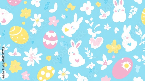 Cute Pastel Easter Pattern with Bunnies, Flowers, and Colorful Eggs on Blue Background