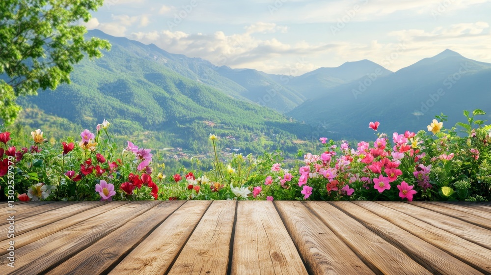 Fototapeta premium Tranquil rustic wooden table surrounded by a vibrant flower garden and majestic green mountains