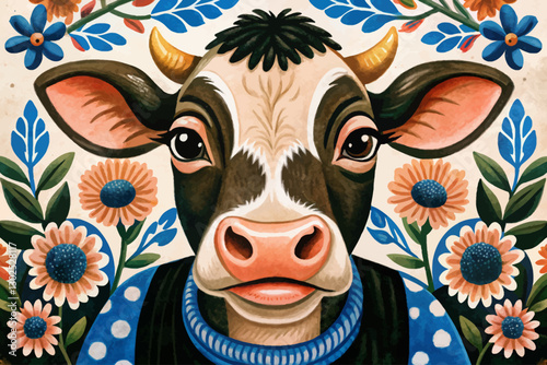 cow portrait in funny background abstract cartoon illustration