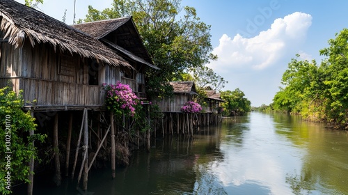Traditional stilt houses of early ayutthaya thailand architecture riverside scenic view cultural heritage