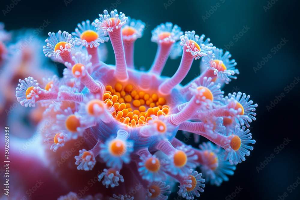 Naklejka premium vibrant coral with intricate structures and bright orange tips, showcasing beauty of marine life. This underwater scene captures delicate details of coral formations