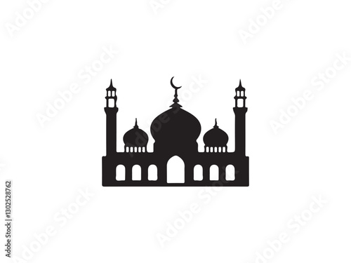 Simple Silhouette of a Mosque.Simple, black and white silhouette of a young man wearing a traditional Muslim outfit, likely a thobe or kurta, and a cap or hat.
