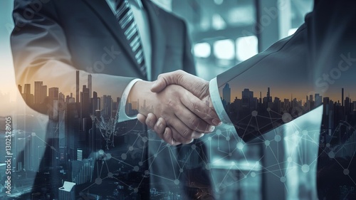 Business handshake with city skyline double exposure, symbolizing corporate partnership, financial agreement, professional collaboration, and successful business deal.

 photo