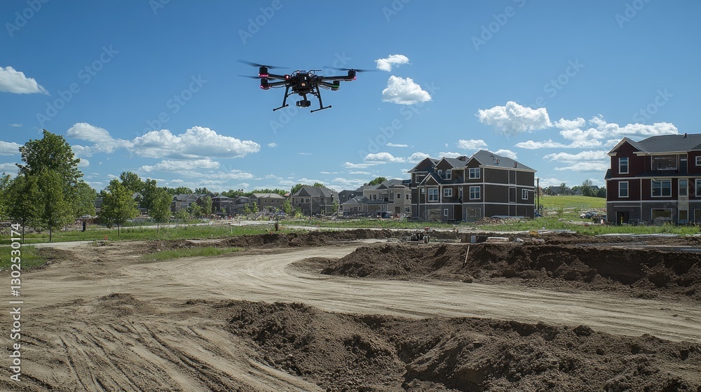 Fototapeta premium A high-tech land surveying drone capturing D terrain data over a construction site.