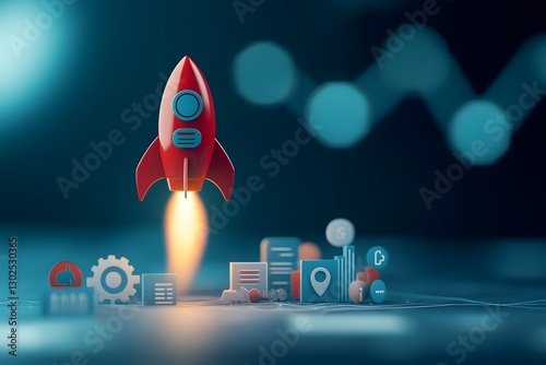 Miniature Rocket Blasting Off from Innovative Startup and Business Growth Icons photo