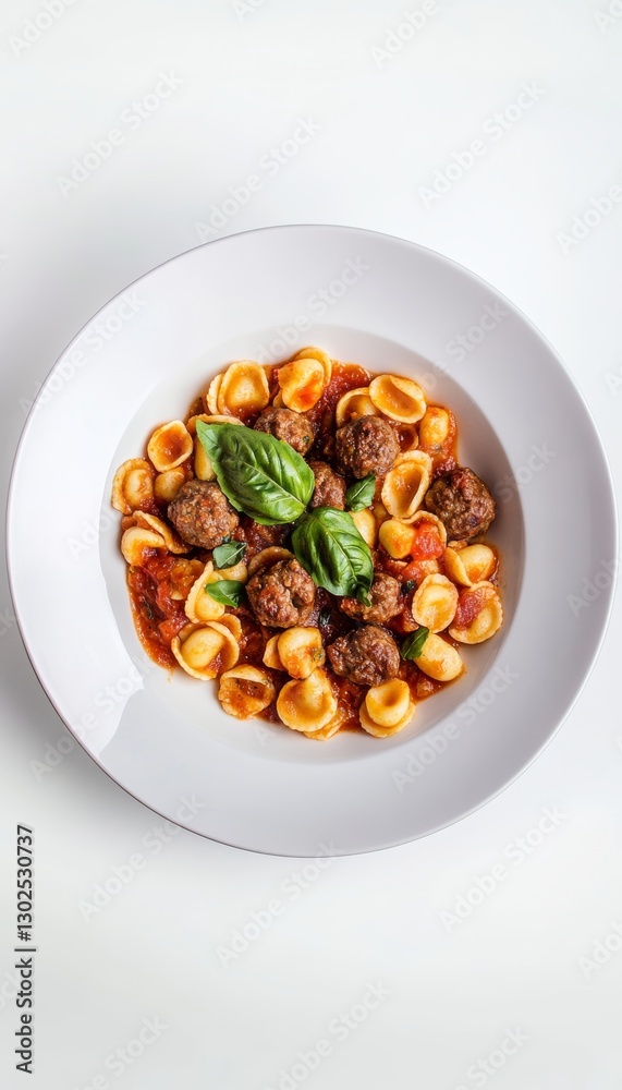 Elegant orecchiette and beef meatballs on a white background showcasing vibrant colors Elegant orecchiette and beef meatballs on a white background showcasing vibrant colors